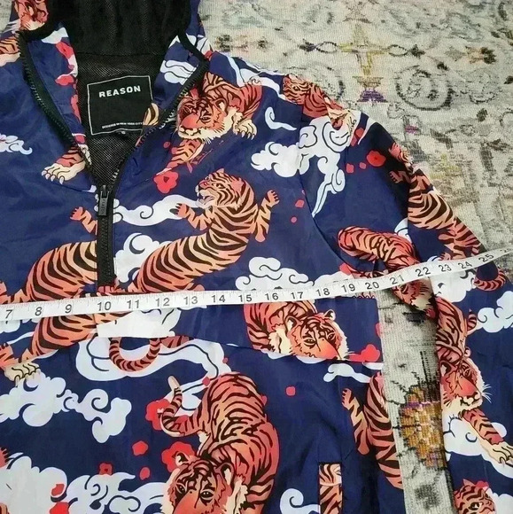 Reason Brand Mens Navy Orange Jacket Japanese Tiger Pullover Hoodie, sz Small - Picture 7 of 13